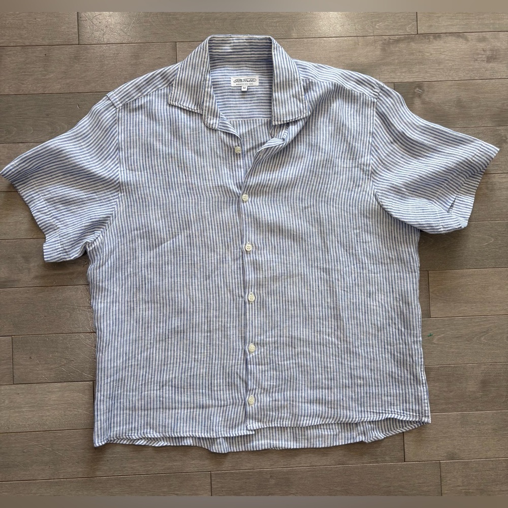 Piattelli Barneys New York Linen Stripe Camp Collar Shirt Blue White, Medium